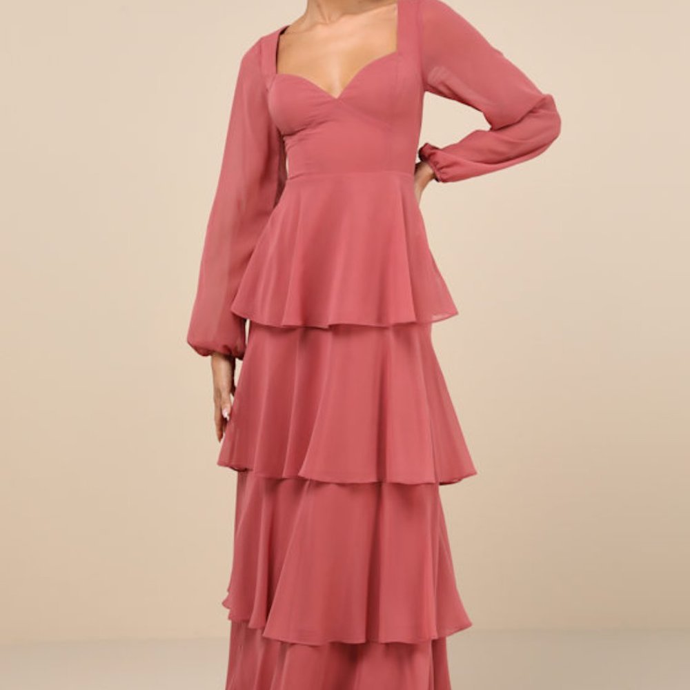 Lulus Flawless Excellence Rusty Rose Tiered Long Sleeve Maxi Dress Pink - Size L